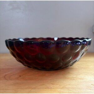 Vintage Anchor Hocking Ruby Red Bubble Glass Bowl Hobnail Pattern Scalloped